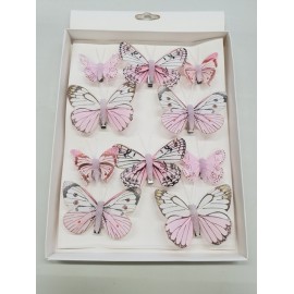 VLINDERS 6ST 8CM + 4ST 5CM MET CLIP LICHT ROZE