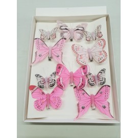 PAPILLONS 6PCS 8CM + 4PCS 5CM AVEC CLIP ROSE