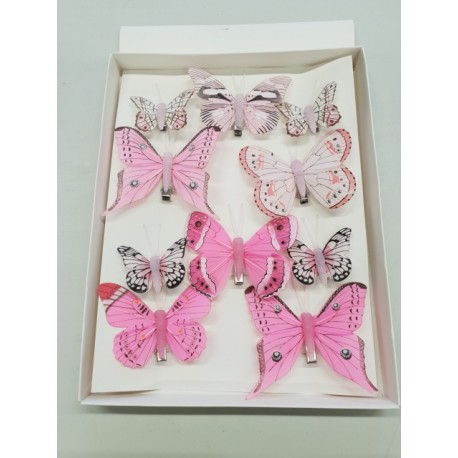 PAPILLONS 6PCS 8CM + 4PCS 5CM AVEC CLIP ROSE