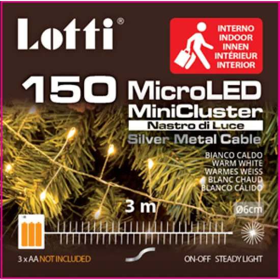 Lighting on batteries indoor silver wire string 150l/300cm led warm white 3xaa(batteries not included)