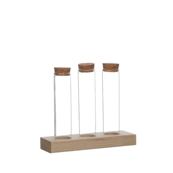 Houten houder met 3 cilinders met kurk d3 h15cm