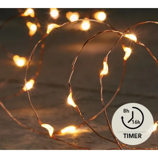 Guirlande à piles (sans piles!) indoor fil cuivre 40l/2m led classic blanc + minuterie