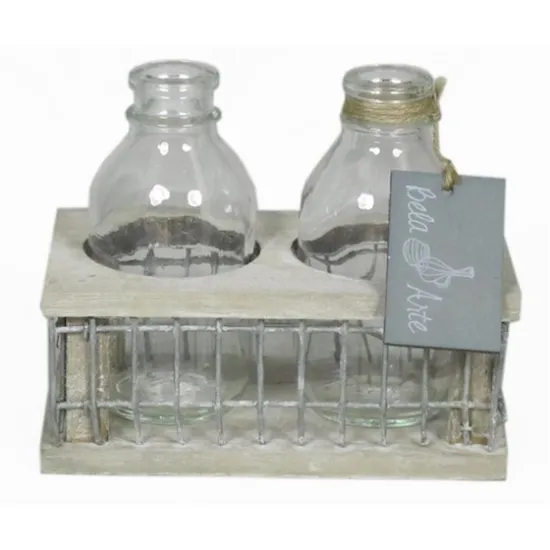 Decoration bois avec fer carre 2xbouteille 14.5x8x11cm