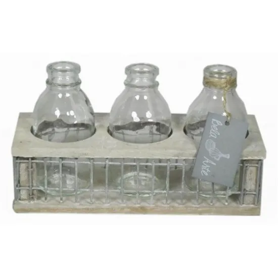 Decoration bois avec fer carre 3xbouteille 21x8x11cm