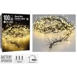 Guirlande à piles (sans piles!) indoor fil noir cluster lights 100l/1m led blanc