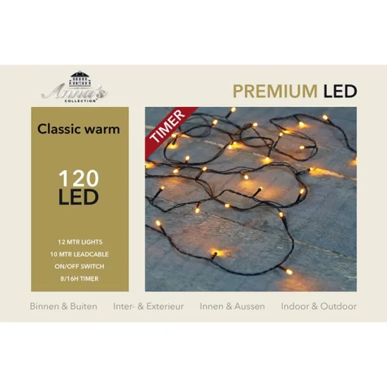 Led verlichting (binnen & buiten) 120l classic white 10cm afstand lampjes 10m  aanloopsnoer ip44 24v/3va timer 8/16u