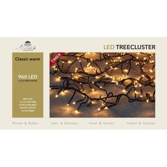 Guirlande led cluster 960l/12.5m classic white ip44 timer 8/16u