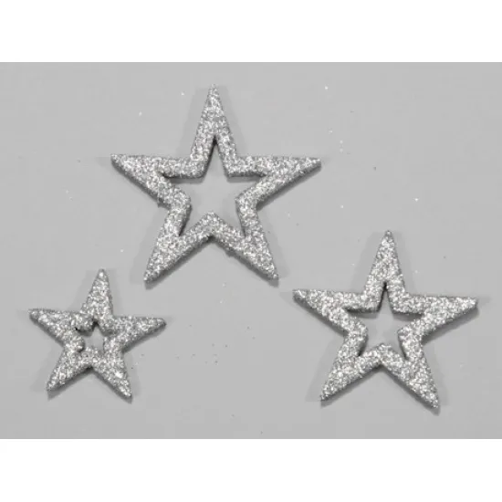 Stars open glitter silver 35x45x55x65mm 24pcs