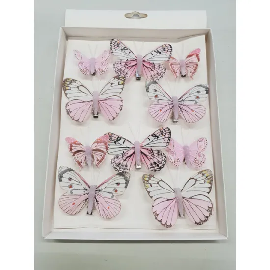 Vlinders zachtroze 6st 8cm + 4st 5cm met clip