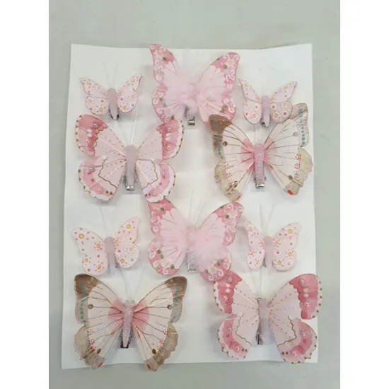 Vlinders fancy pink 6st 8cm + 4st 5cm met clip